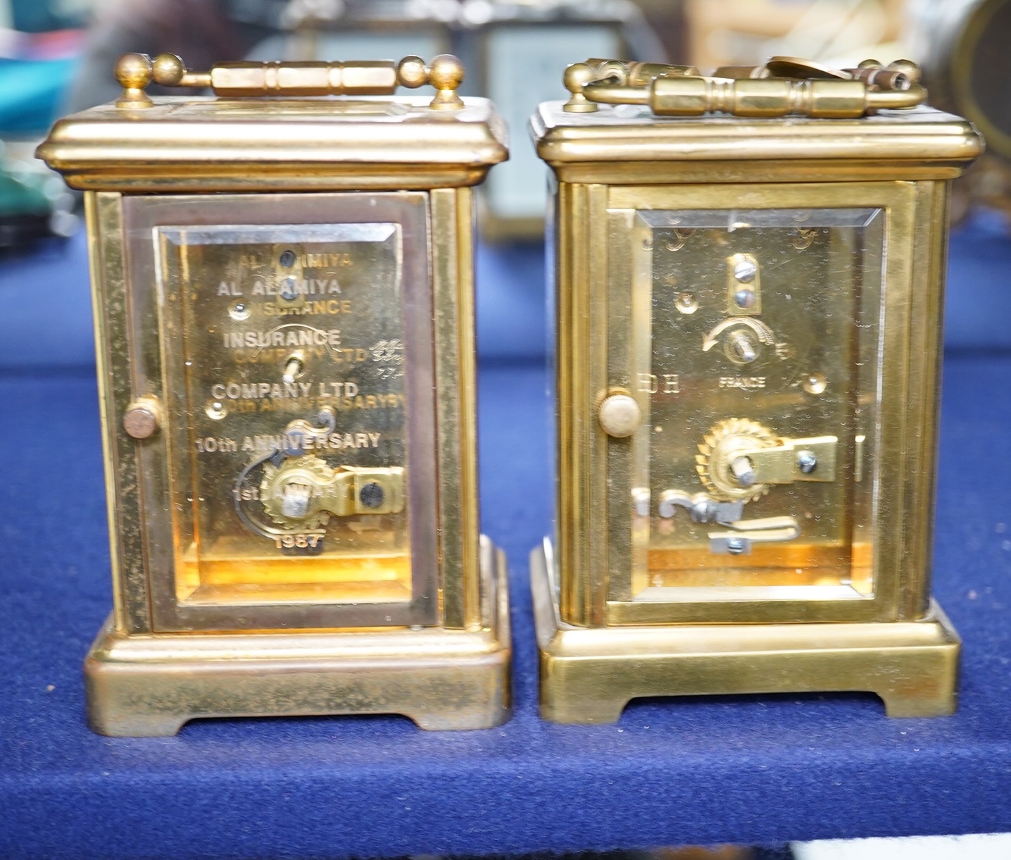 Two late 19th century French brass cased carriage timepieces, largest 11cm high. Condition - good, unchecked if working